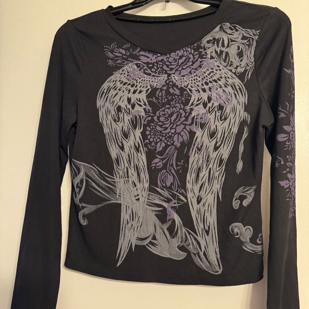 Black Angel Wings Graphic Crop Top Size L | Gothic Long Sleeve Ribbed Tee - Picture 2 of 4